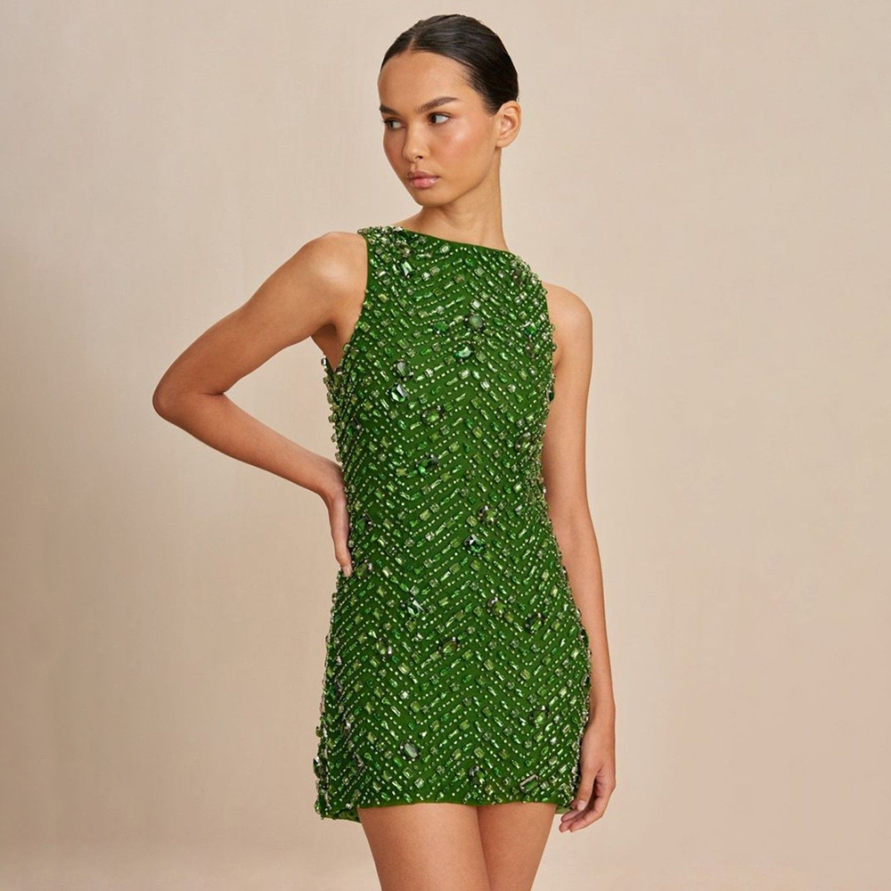Women'S Formal Dinner Wear - Grüne Strass Stickerei ärmelloses Damen Minikleid