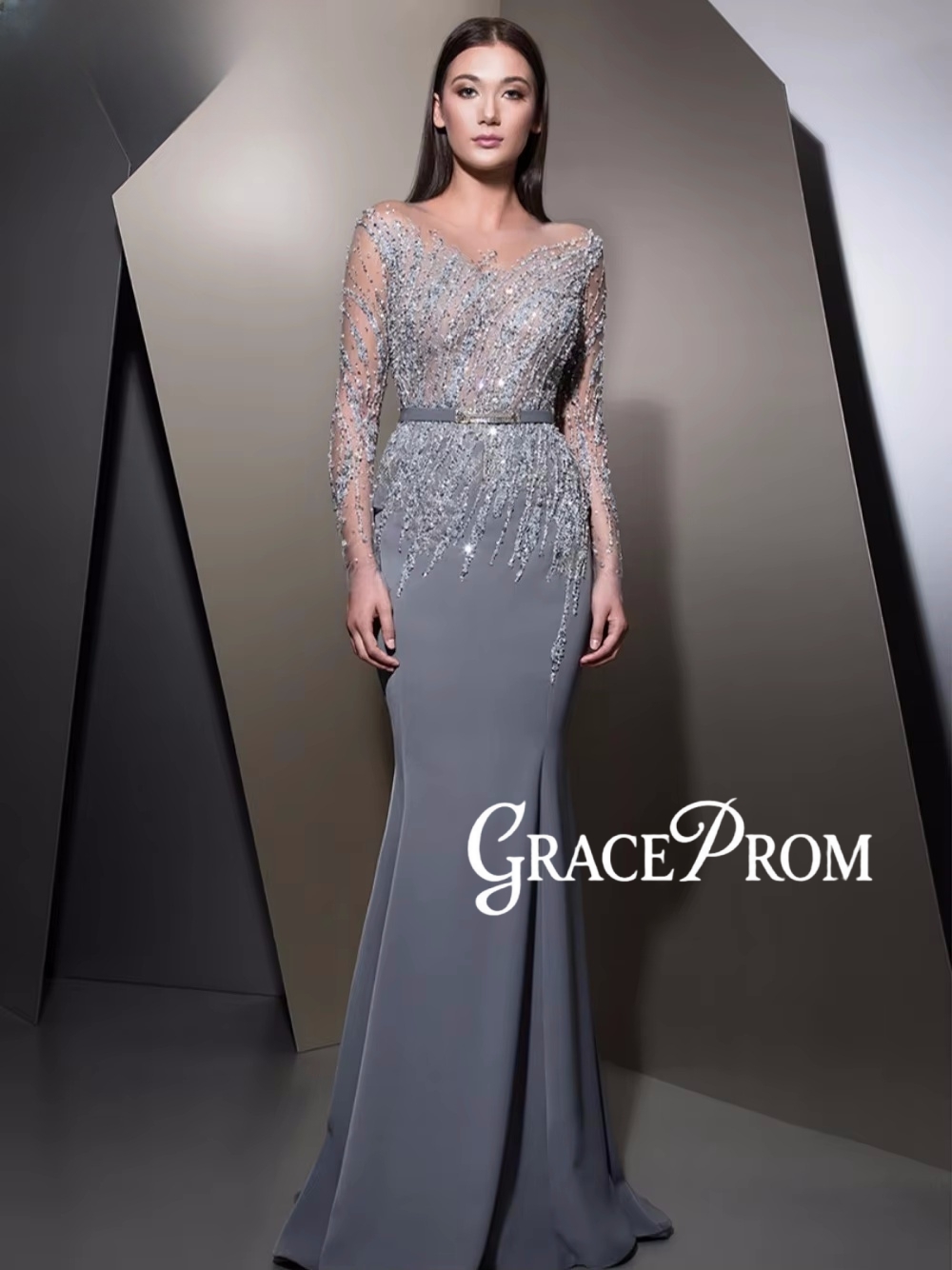 Women'S Formal Dinner Wear - GRACEPROM Illusion Langarm Abendkleid Perlen Pailletten