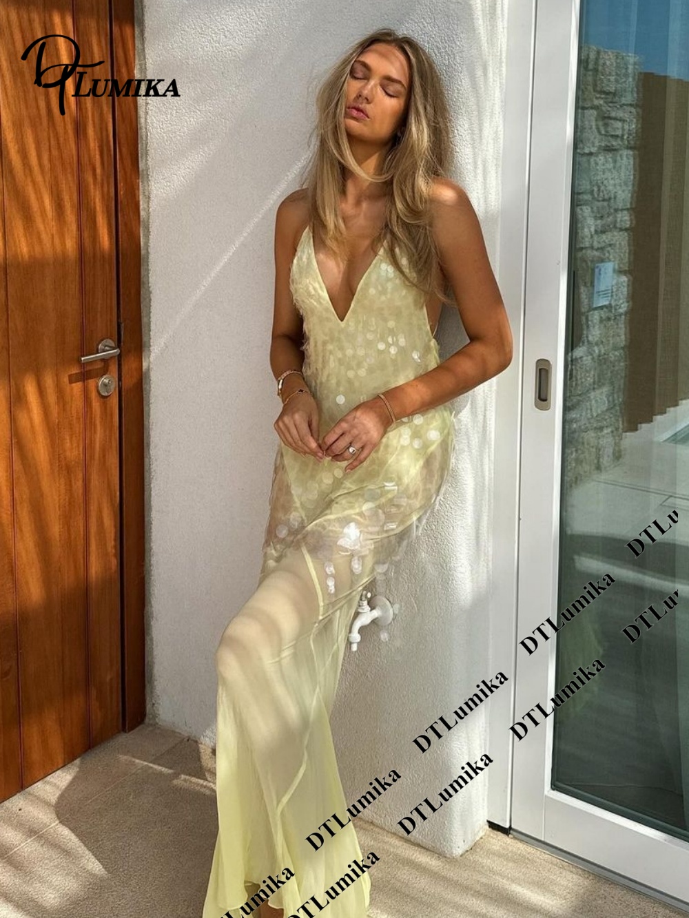 Women Formal Wear Dress - DTLumika Hellgelbes Pailletten-Slip-Maxikleid für Partys und