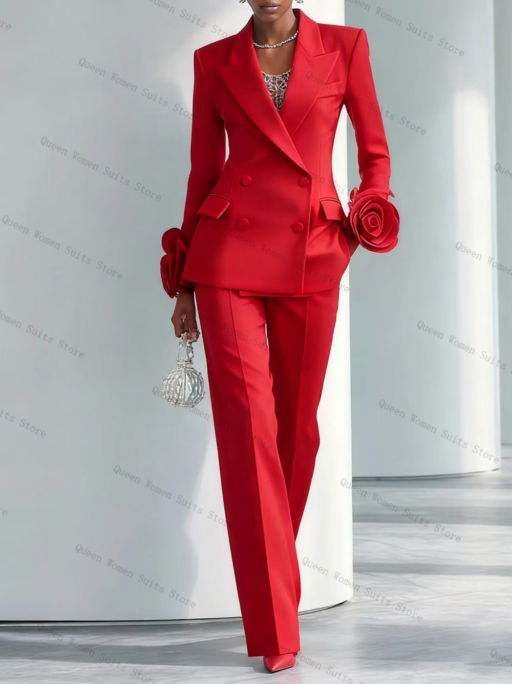 Women Luxury Formal Wear - Luxuriöses rotes Damen-Anzug-Set, 2-teilig, Blazer +