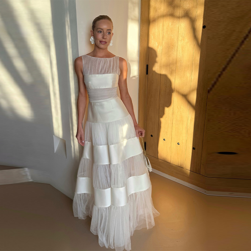Women'S Formal Dinner Wear - Elegantes Weißes Ärmelloses Patchwork-Kleid für Hochzeit,