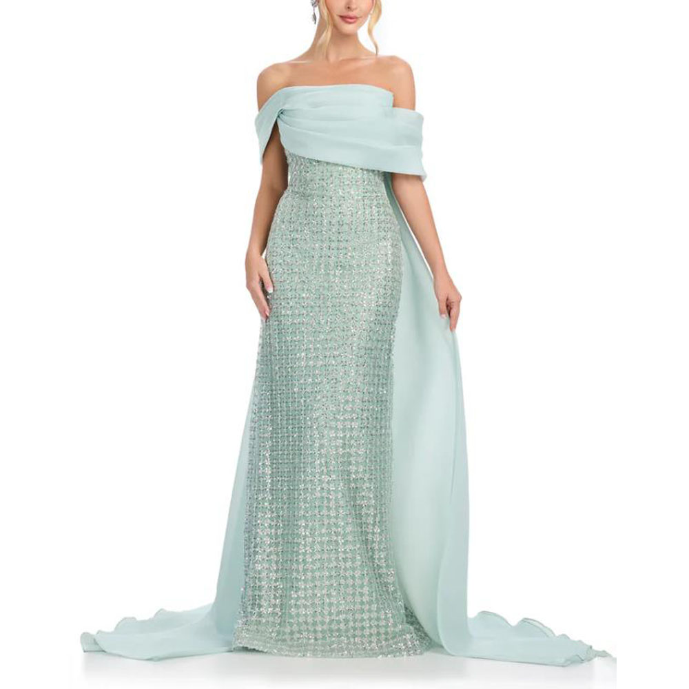 Women Formal Wear Dress - Maßgeschneiderte Glitzer-Abendkleider, schulterfrei, Schleppe, Kleid für