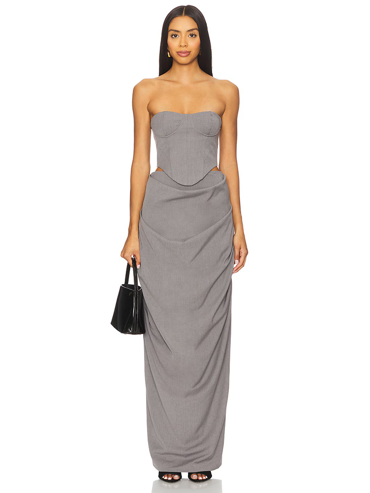 Women Formal Wear Dress - Graues schulterfreies Korsett-Kleid-Set mit Raffungen 2026