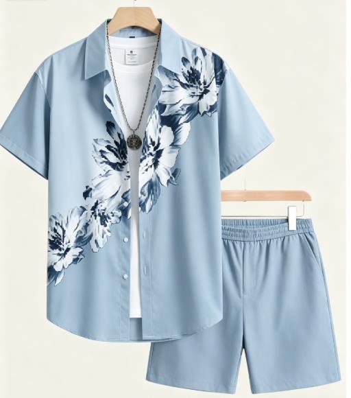 Monochrome Suit Set - Vintage Monochromes Herren-Kombinationsset mit Blumenmuster, Hemd