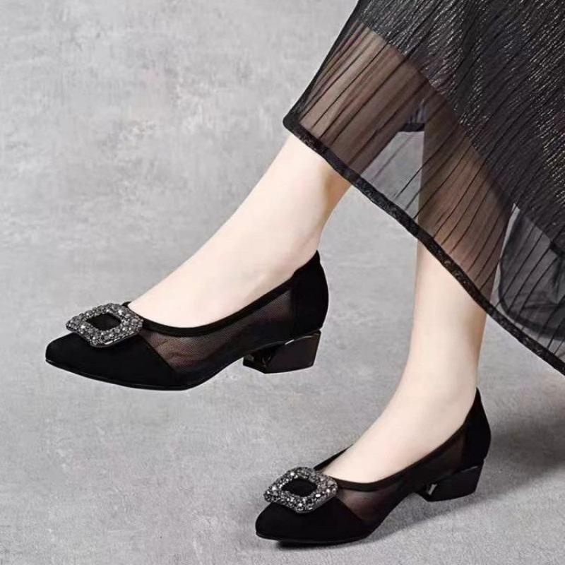Women'S Work Fashion - Elegante Spitze Mesh-Pumps mit Blockabsatz, Strass-Quadratschnalle